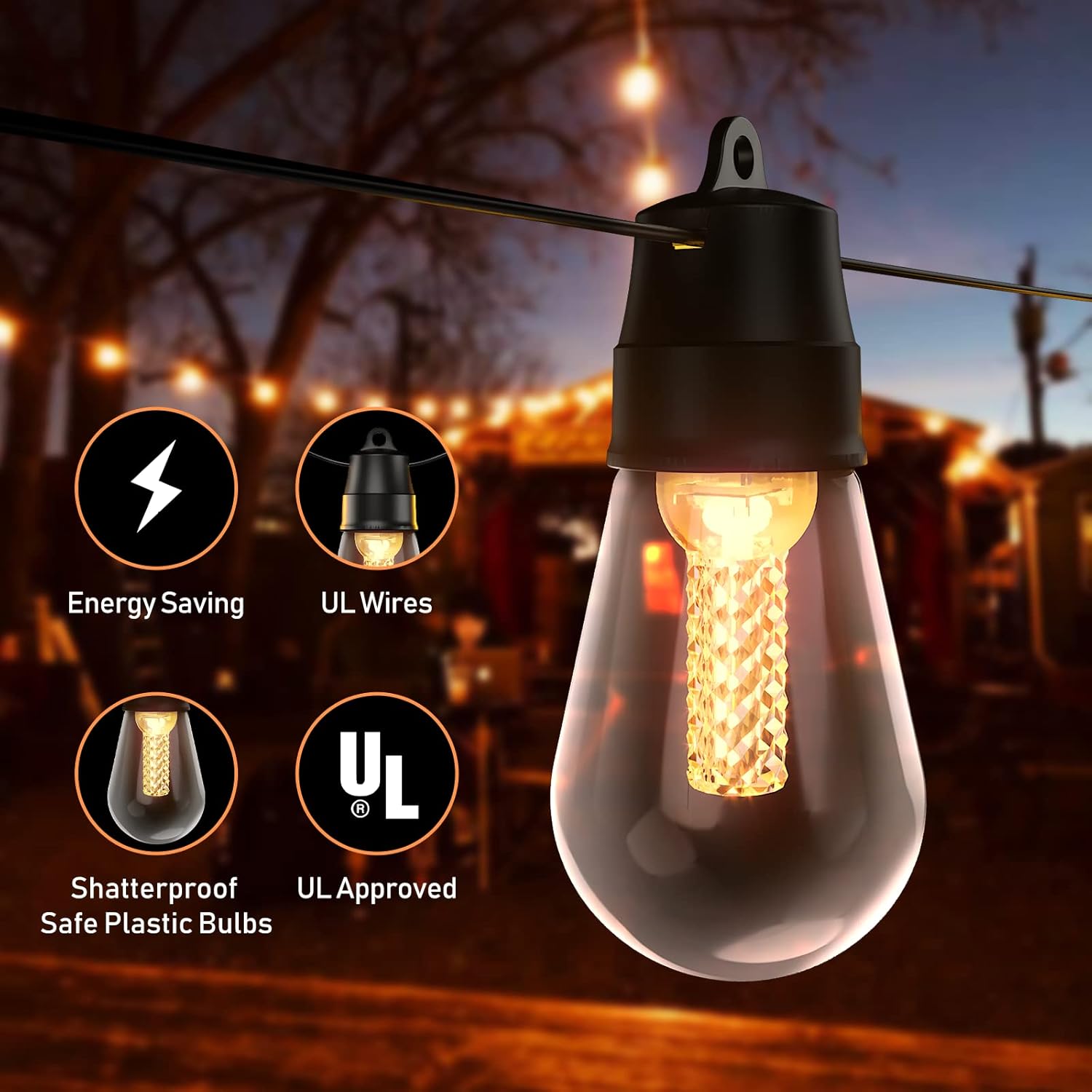 48Ft Outdoor String Lights with 25 Dimmable Edison Vintage LED Bulbs X599257