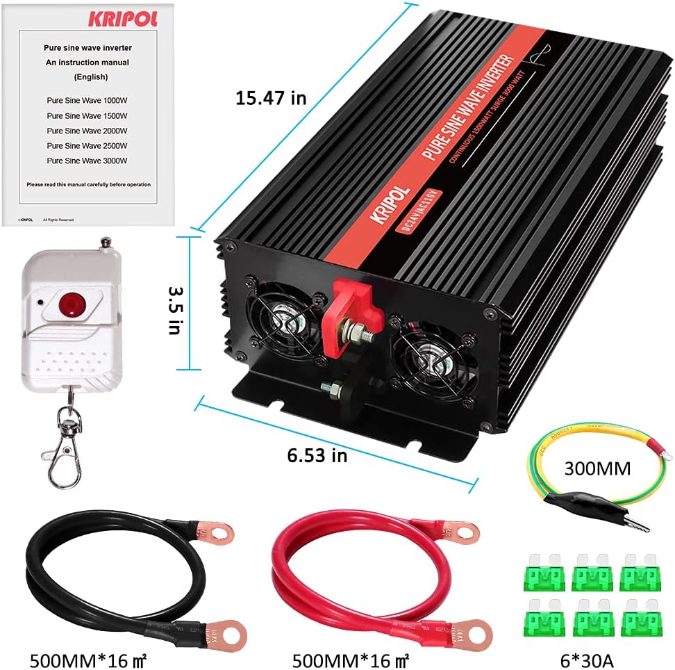 2000 Watt Pure Sine Wave Power Inverter 12V DC to 110V AC with 4 AC Outlets and USB Output R181