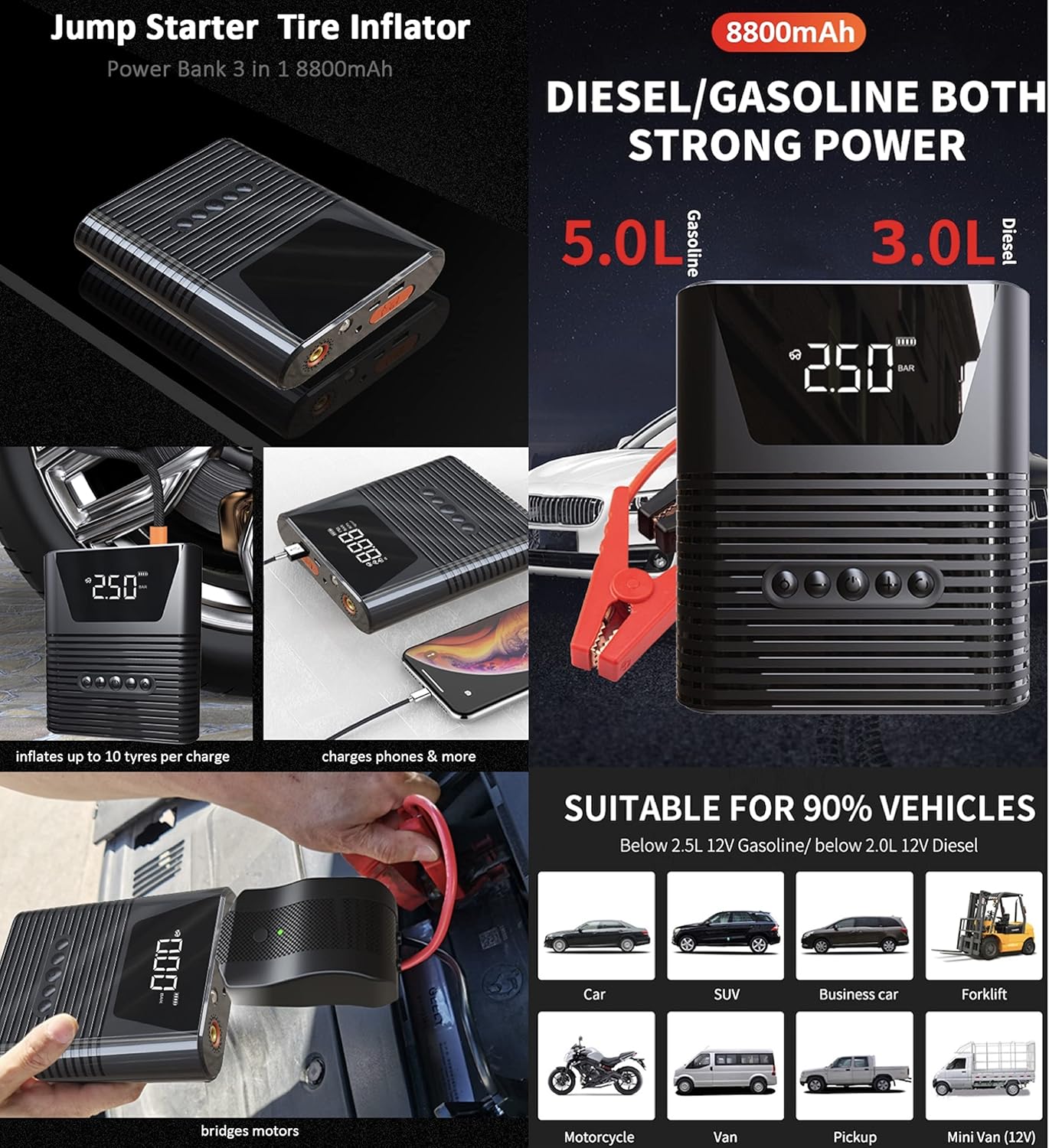 Car Battery Jump Starter with Tire Inflator Air Compressor Air Pump 150PSI 8800mAh 12V K18192