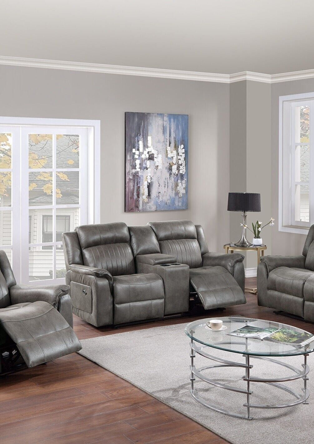 Slate Blue Leatherette Motion Loveseat with Console Reclining T889258