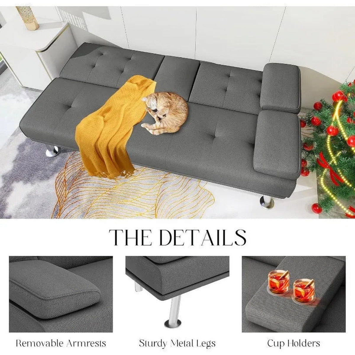 Linen Fabric Futon Sofa Bed with 2 Cup Holders and Pillows T822358