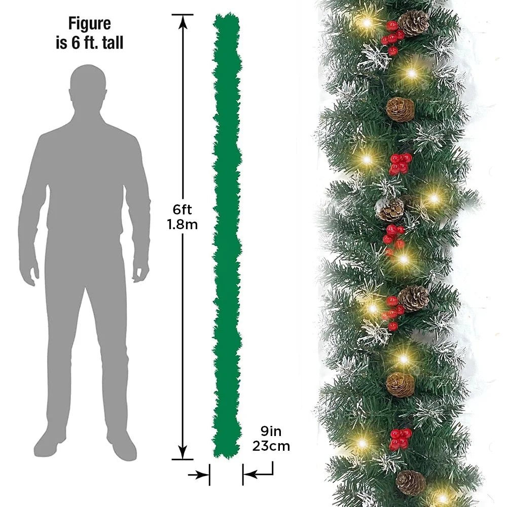 2 Pcs 6ft Pre-Lit Christmas Garland with 40 Waterproof LED Light and Pine Cones and Berries, Battery Operated N615