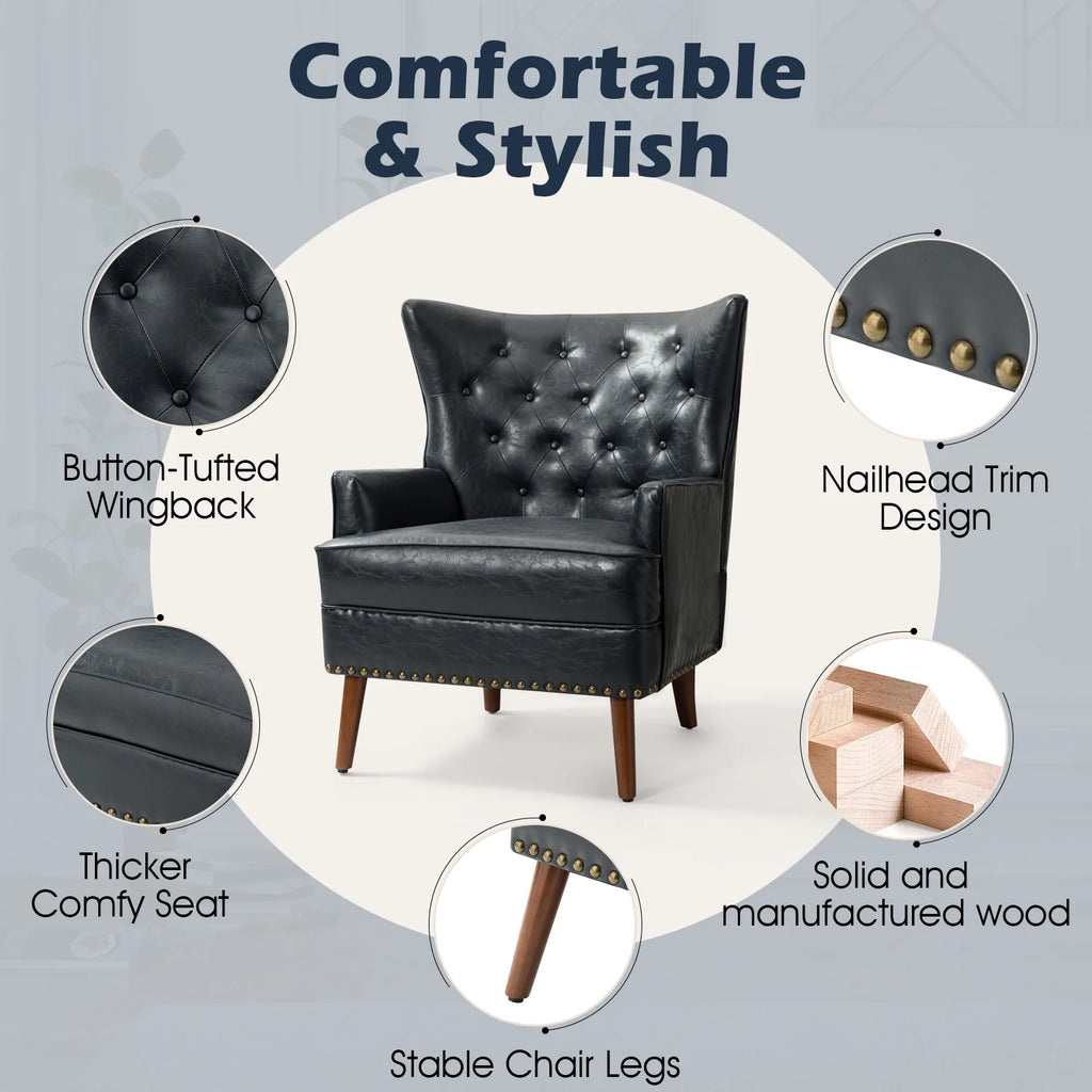 Navy Vegan Leather Wingback Armchair Set of 2 I802359