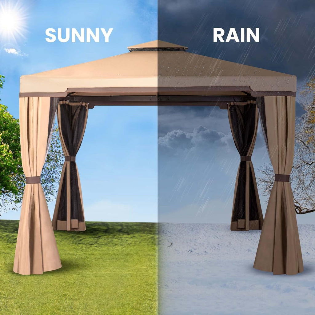 Steel Vented Double Roof Garden Gazebo with Mosquito Netting (Brown) D82379