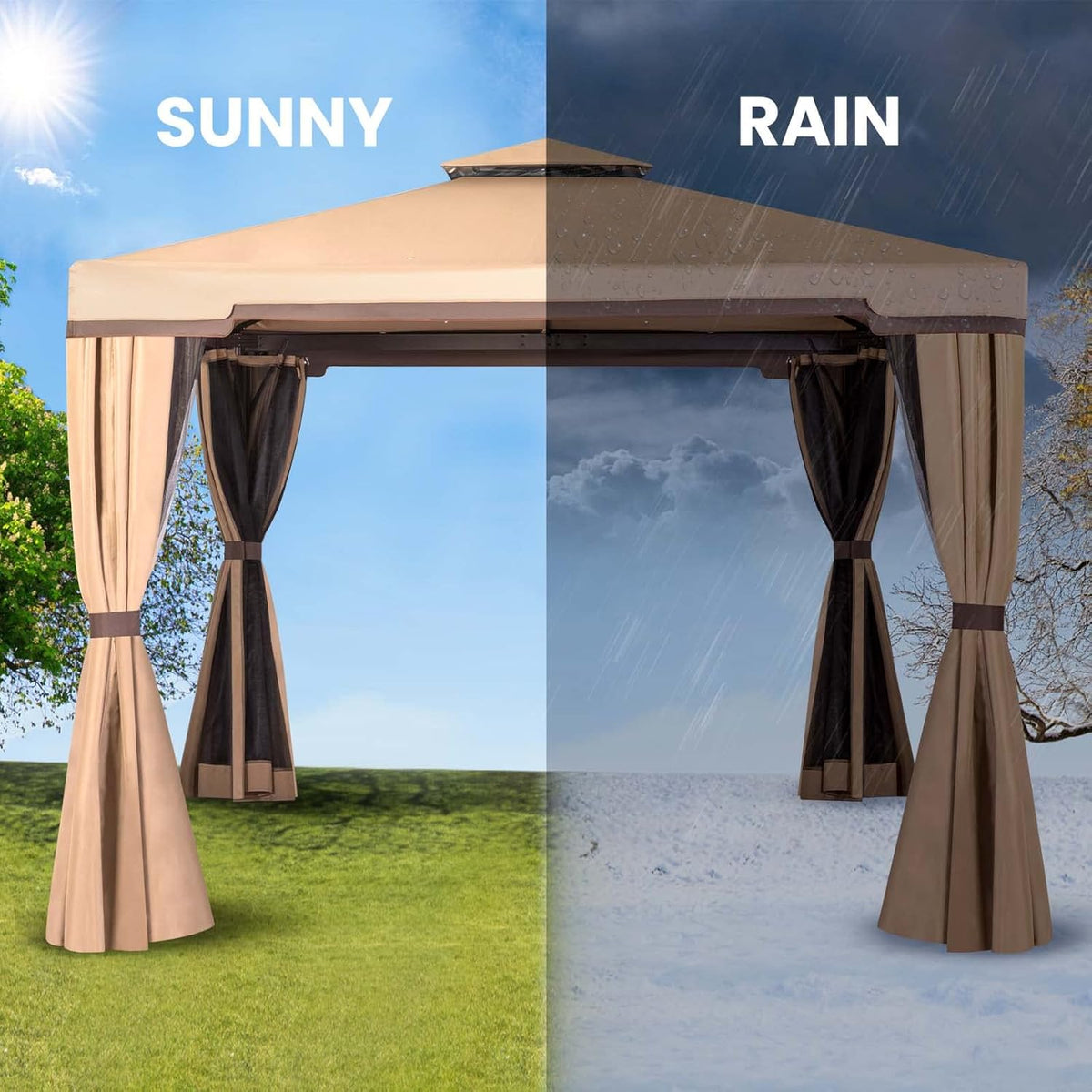 Steel Vented Double Roof Garden Gazebo with Mosquito Netting (Brown) D82379