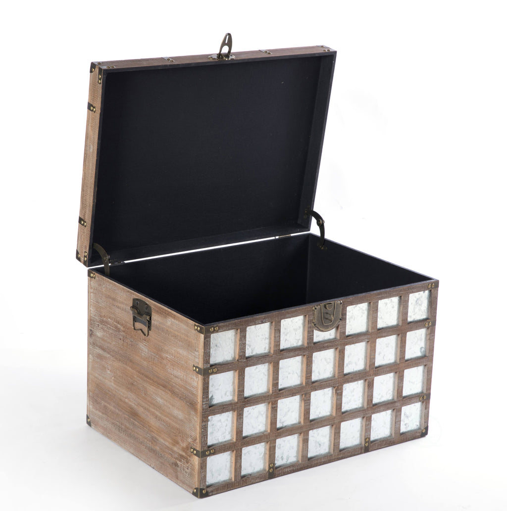 Wooden Rectangle Galvanized Metal Lined Storage Trunk K80106