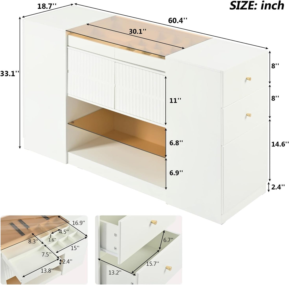 Glass Top Wooden Closet Island with 6 Drawers and 3 Cabinets Q2722