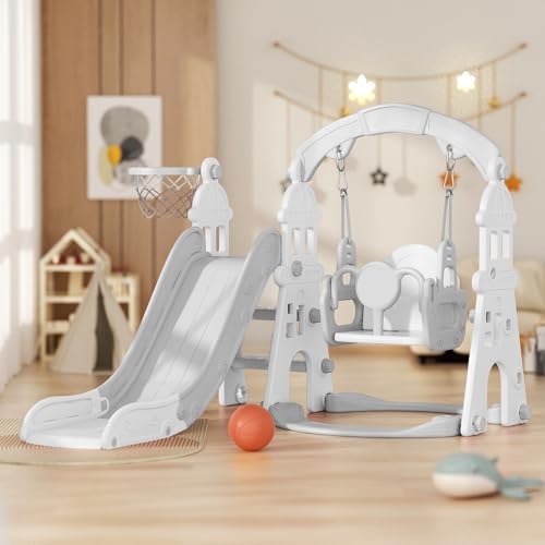 4-in-1 Toddler Slide with Climber, Ring Toss & Basketball Hoop (Pink) T6811