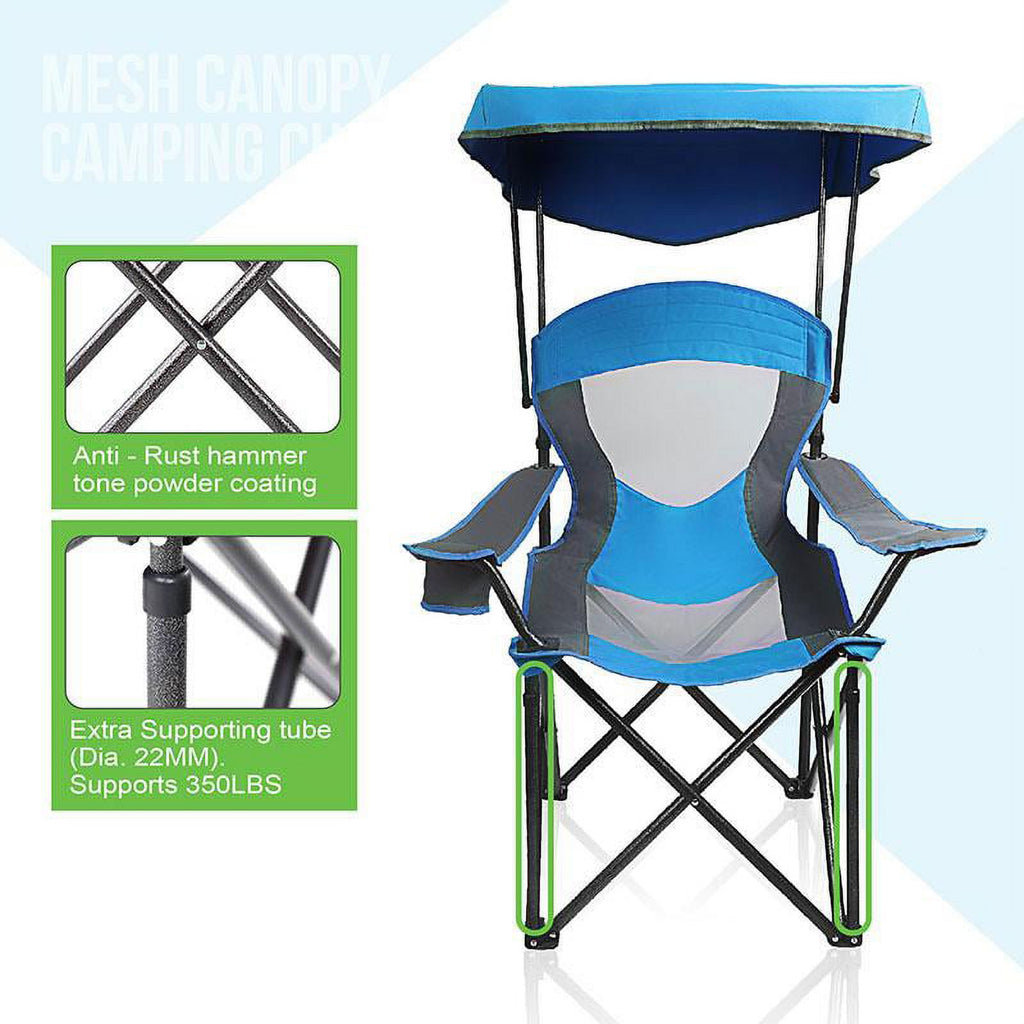 Blue Folding Camping Chair with Shade Canopy, Steel Frame, Carry Bag and Cup Holder O721966