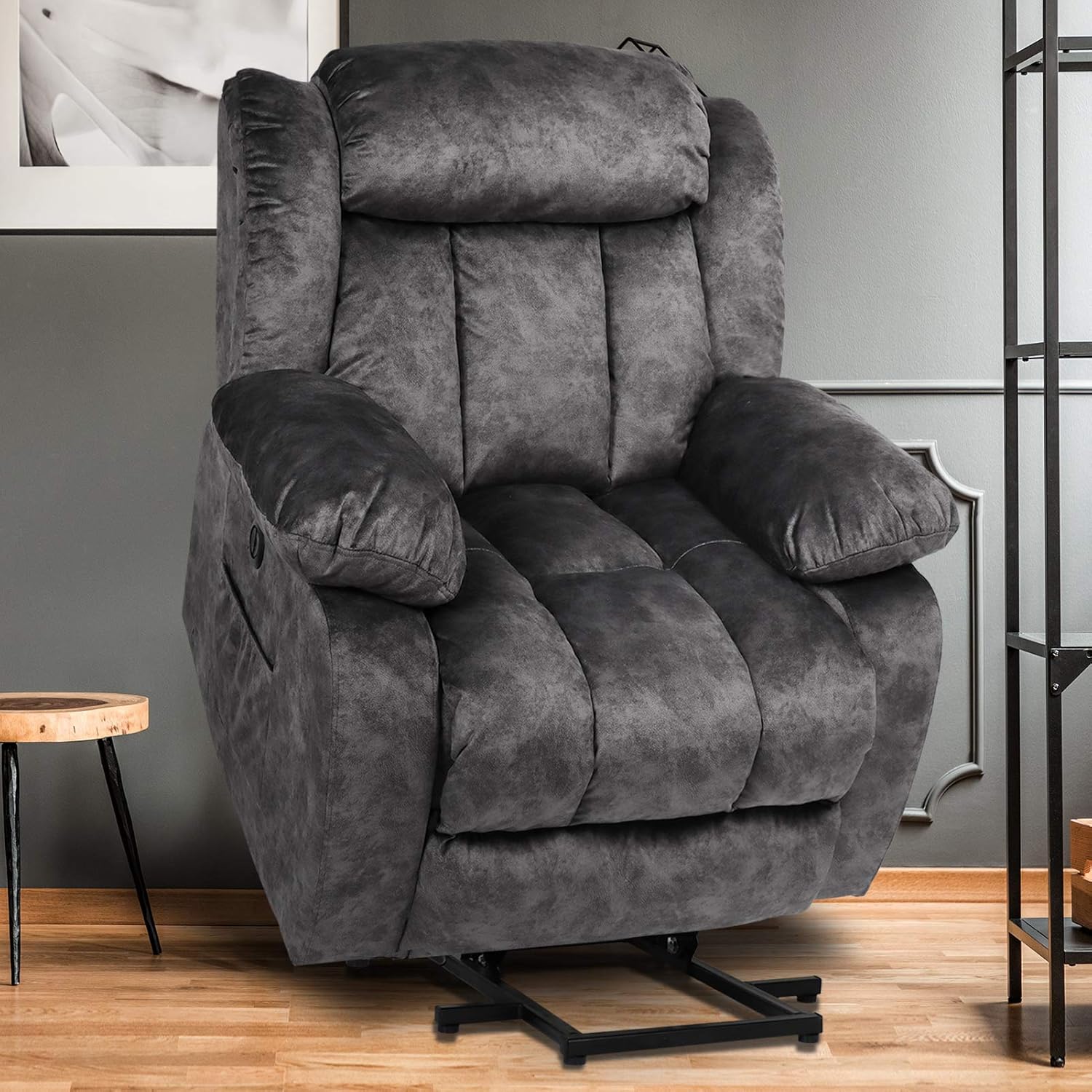 Dark Gray Plush Fabric Electric Power Lift Recliner Chair with Massage and Heat L9747
