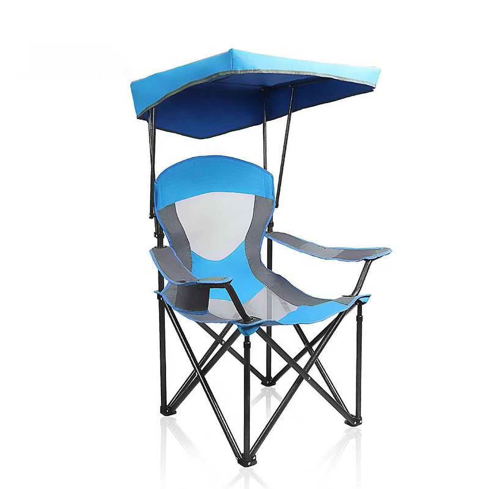 Blue Folding Camping Chair with Shade Canopy, Steel Frame, Carry Bag and Cup Holder O721966