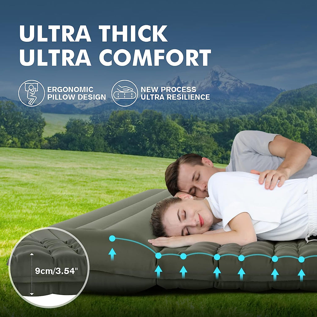 Self Inflating Double Camping Sleeping Pad with Air Pillow, 79 in x 55 in, Army Green Z2854