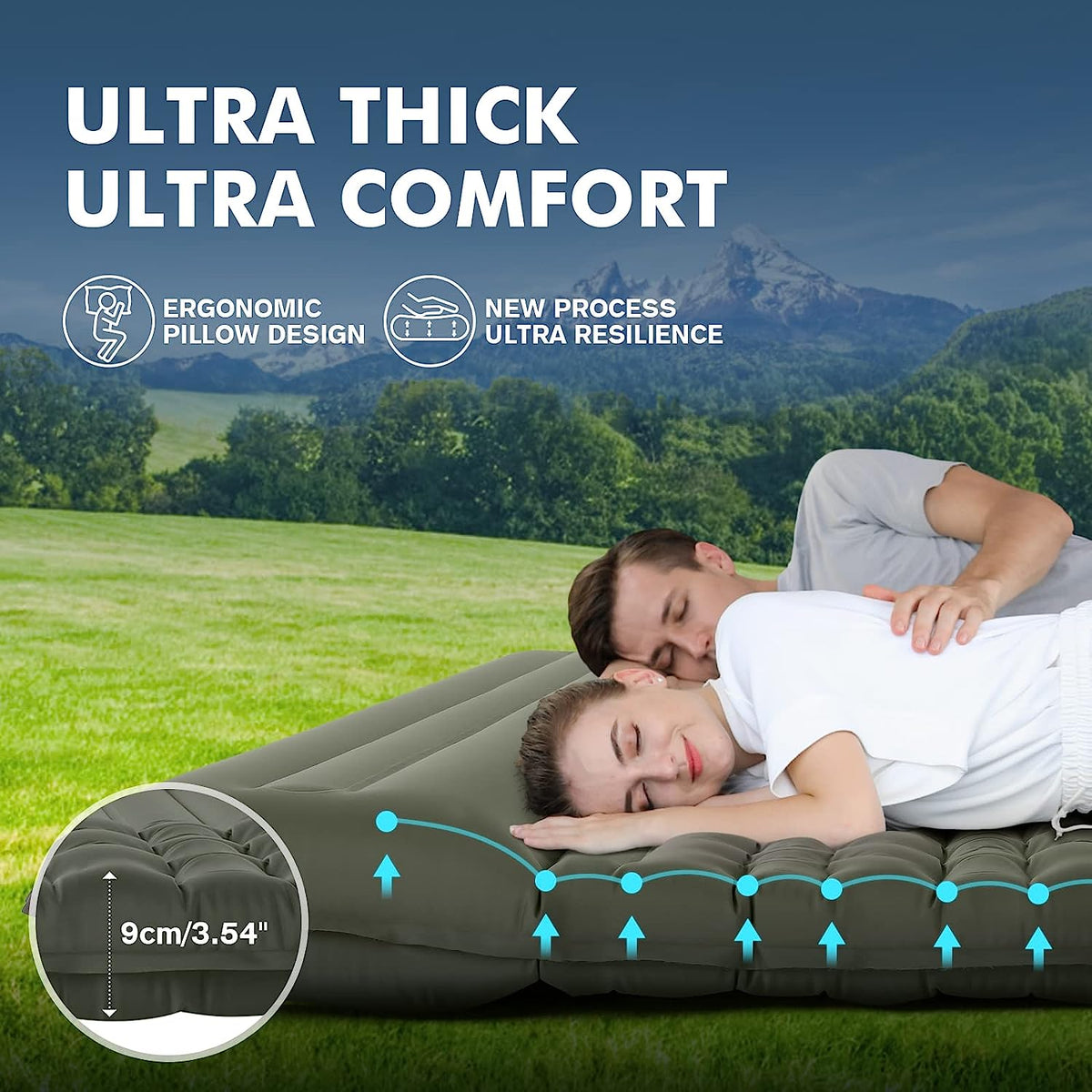 Self Inflating Double Camping Sleeping Pad with Air Pillow, 79 in x 55 in, Army Green Z2854