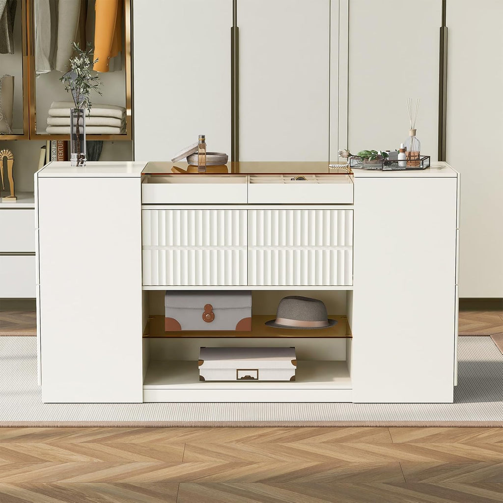 Glass Top Wooden Closet Island with 6 Drawers and 3 Cabinets Q2722