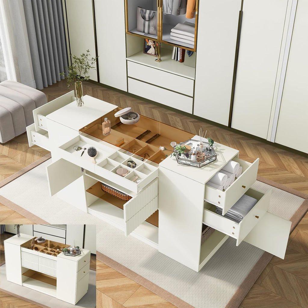Glass Top Wooden Closet Island with 6 Drawers and 3 Cabinets Q2722