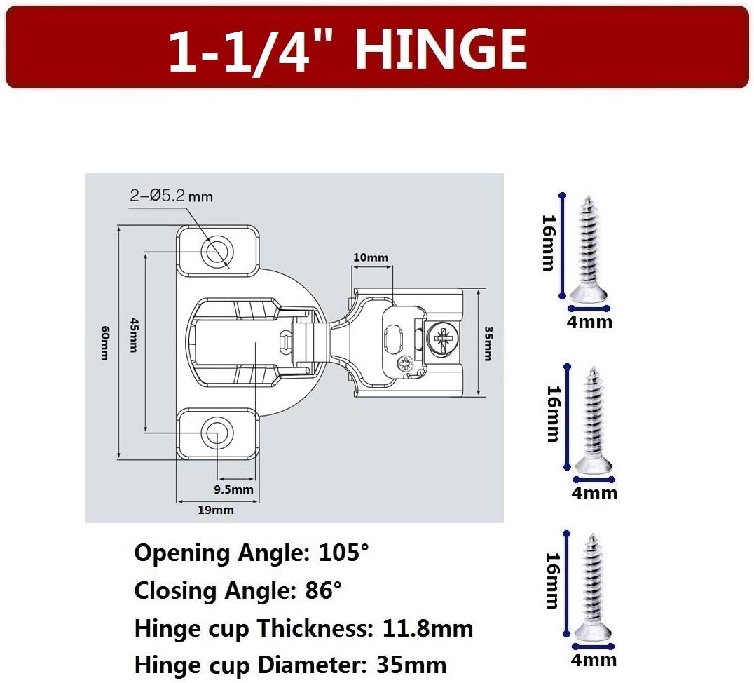 50 Pack Soft Close Cabinet Hinges, 1 1/4 Overlay, 105 Degree W608415