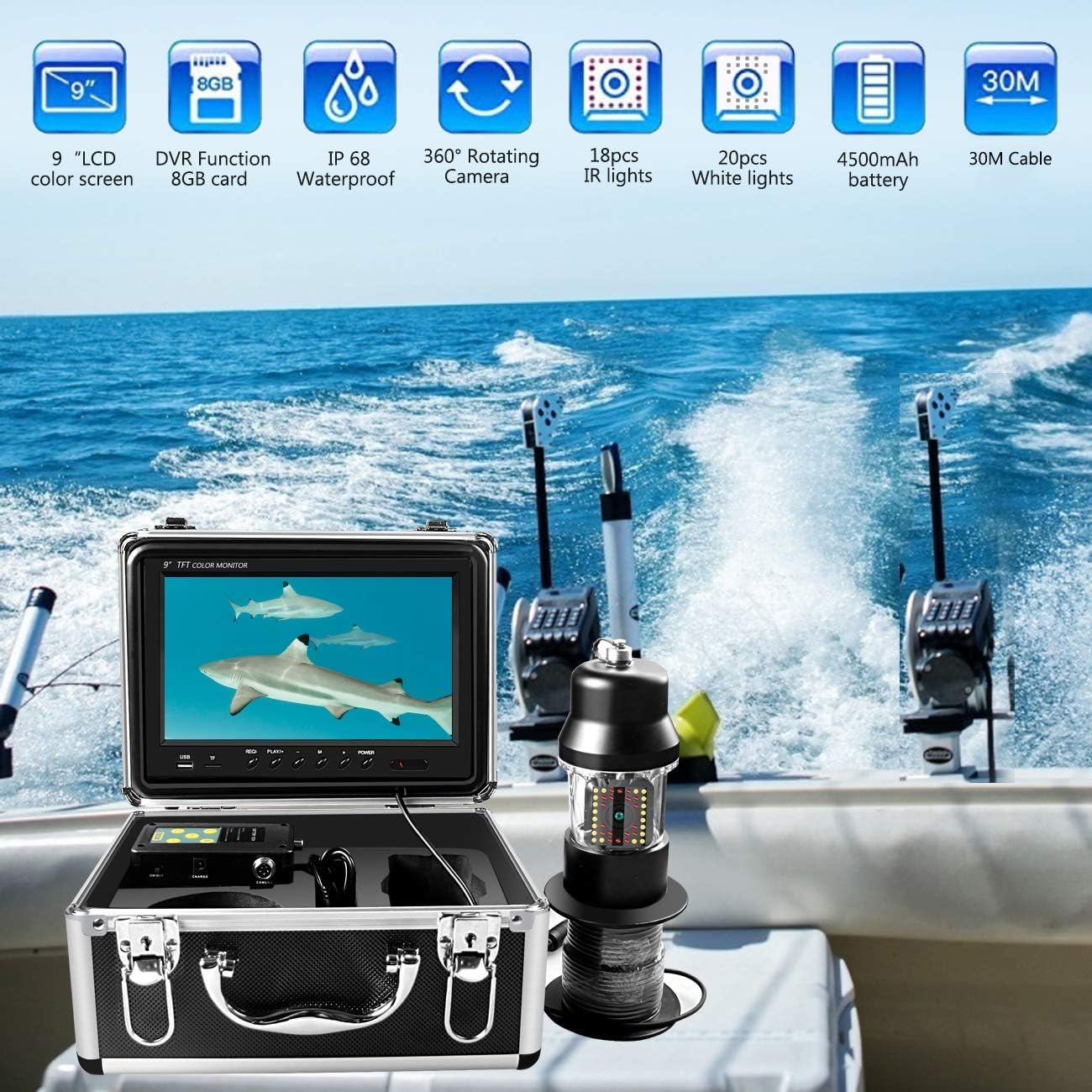 9 inch 720P HD LCD Monitor Underwater Ice Fishing Camera with 38 LEDs W6093