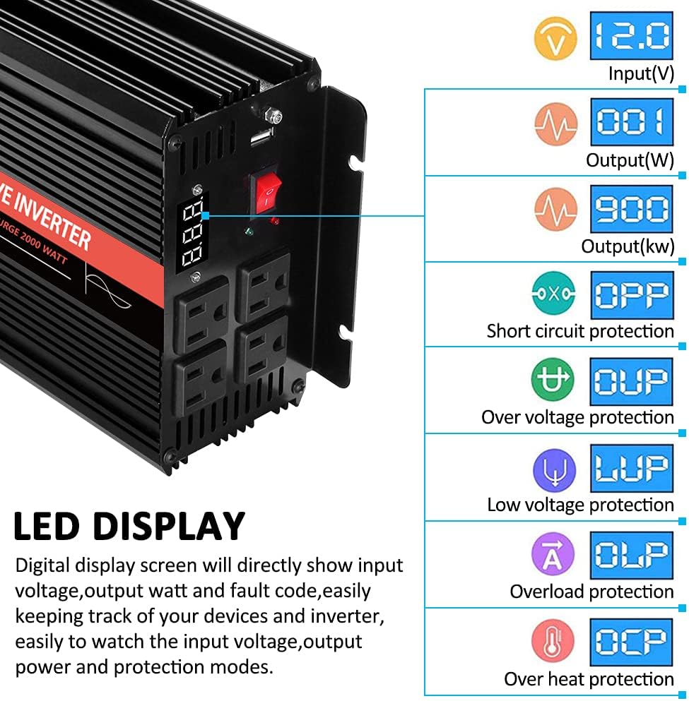 2000 Watt Pure Sine Wave Power Inverter 12V DC to 110V AC with 4 AC Outlets and USB Output R181