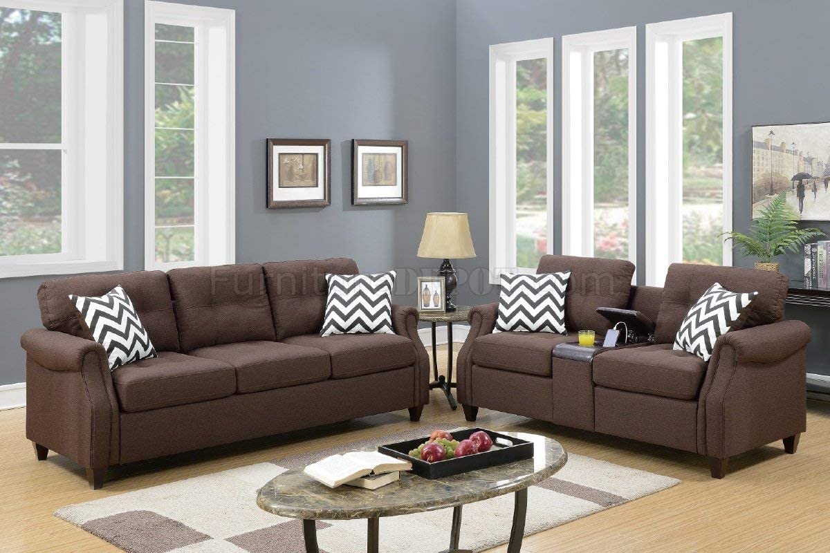 Modern Dark Coffee Linen-Like Fabric Sofa Loveseat Set with USB Console and Cupholders O72205