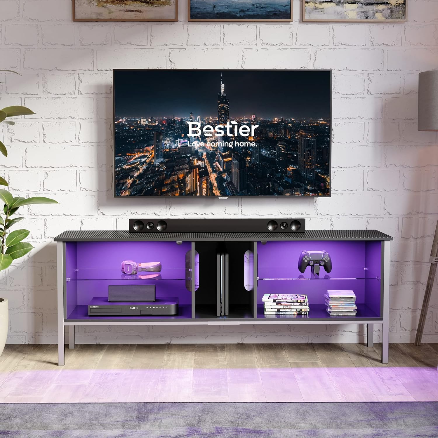 Black Carbon Fiber TV Stand with LED Light X4090