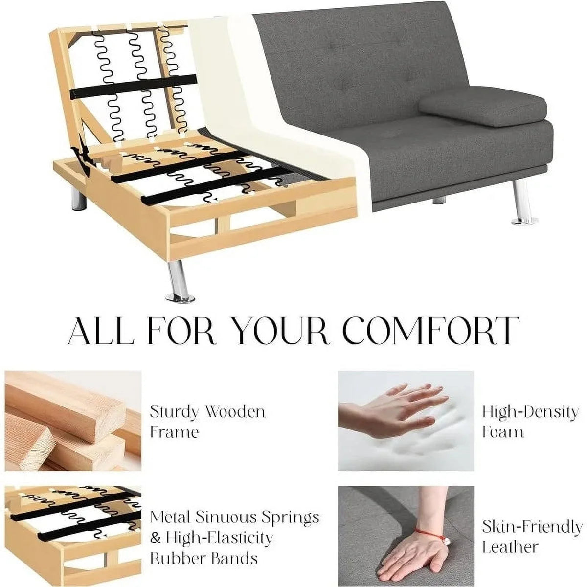 Linen Fabric Futon Sofa Bed with 2 Cup Holders and Pillows T822358