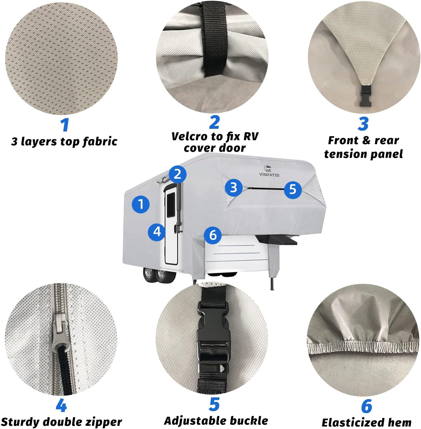 5th Wheel Cover Thick 3 Layers Polypro Anti-UV Waterproof Breathable Camper Covers Fits 37' - 40' Trailer, Gray P7365