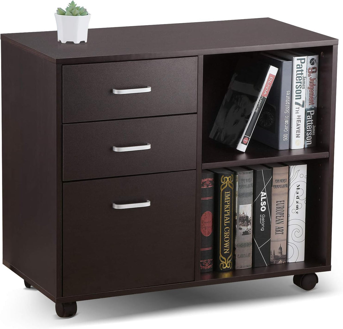 Oak Black 3 Drawer Mobile Wood File Cabinet with Wheels V194058