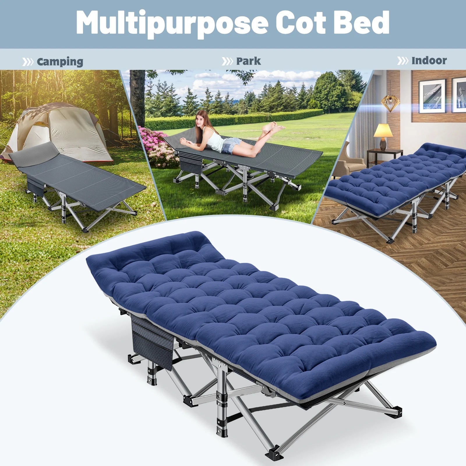 Folding Camping Bed with Mattress & Carry Bag, Heavy Duty Sleeping Cot with 4D Pillow W253