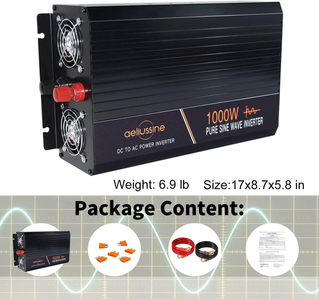 1000 Watt Pure Sine Wave Power Inverter 24V DC to AC 120V with LCD Display Remote Switch O551
