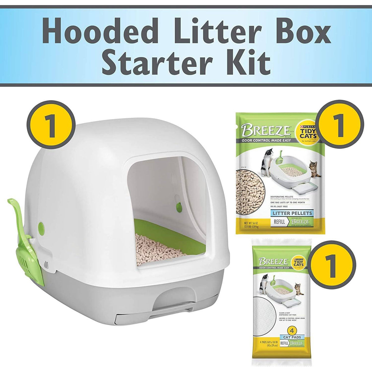Hooded Cat Litter Box Starter Kit with Litter Pellets & Pads J645