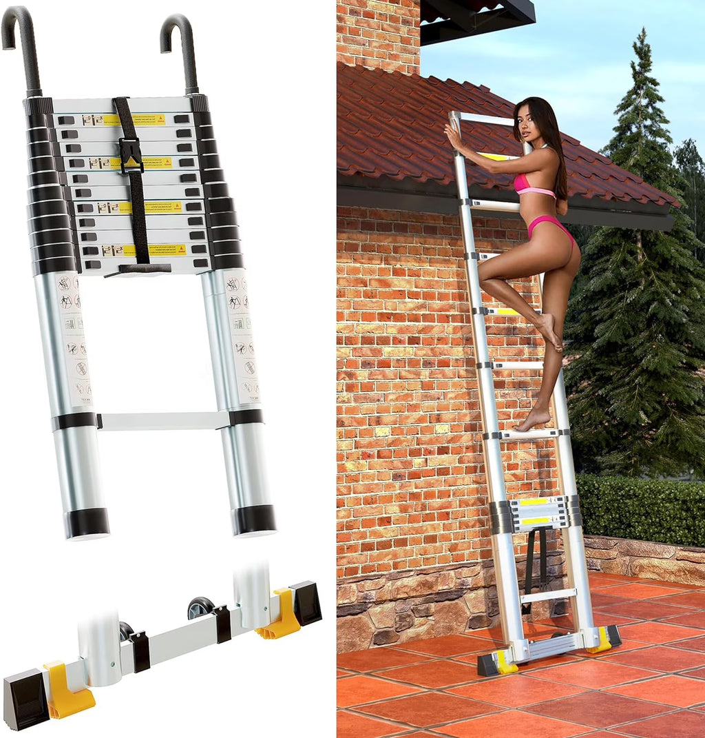 Folding Telescoping Ladder 12.5 FT Aluminum Extendable Ladder with 2 Detachable Hooks I83229