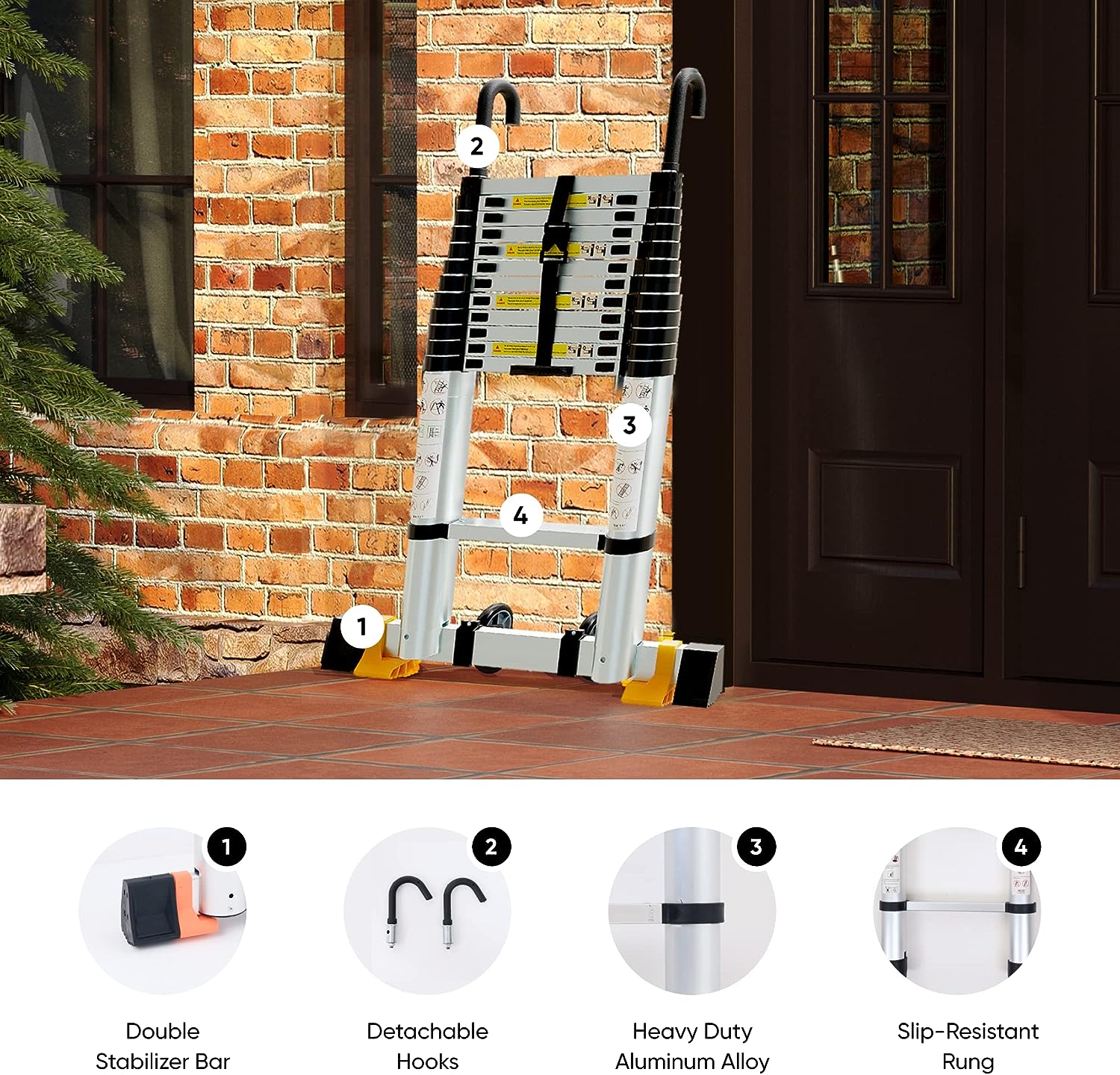 Folding Telescoping Ladder 12.5 FT Aluminum Extendable Ladder with 2 Detachable Hooks I83229