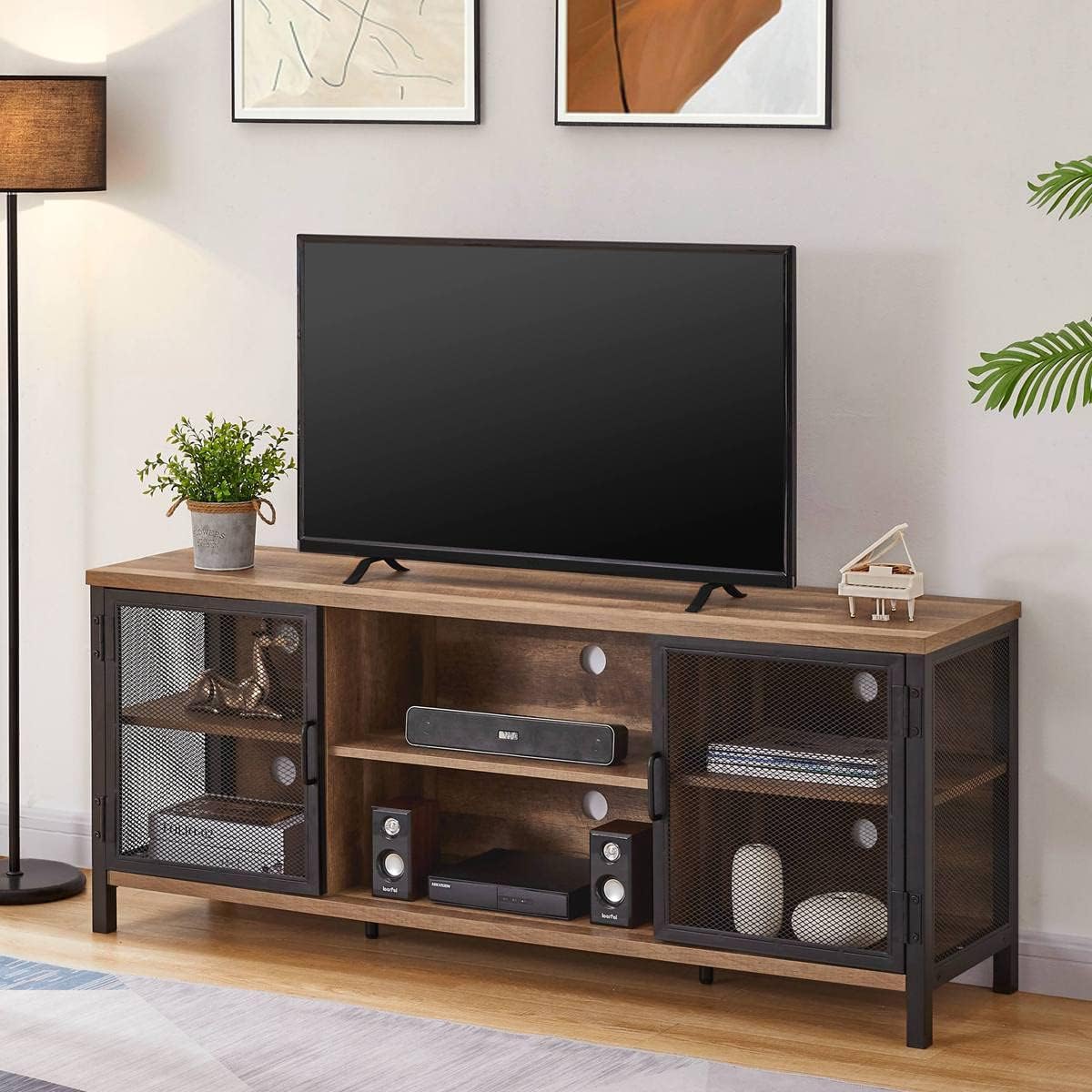 Rustic Wood TV Stand 60 Inch Wide Walnut Brown B414997