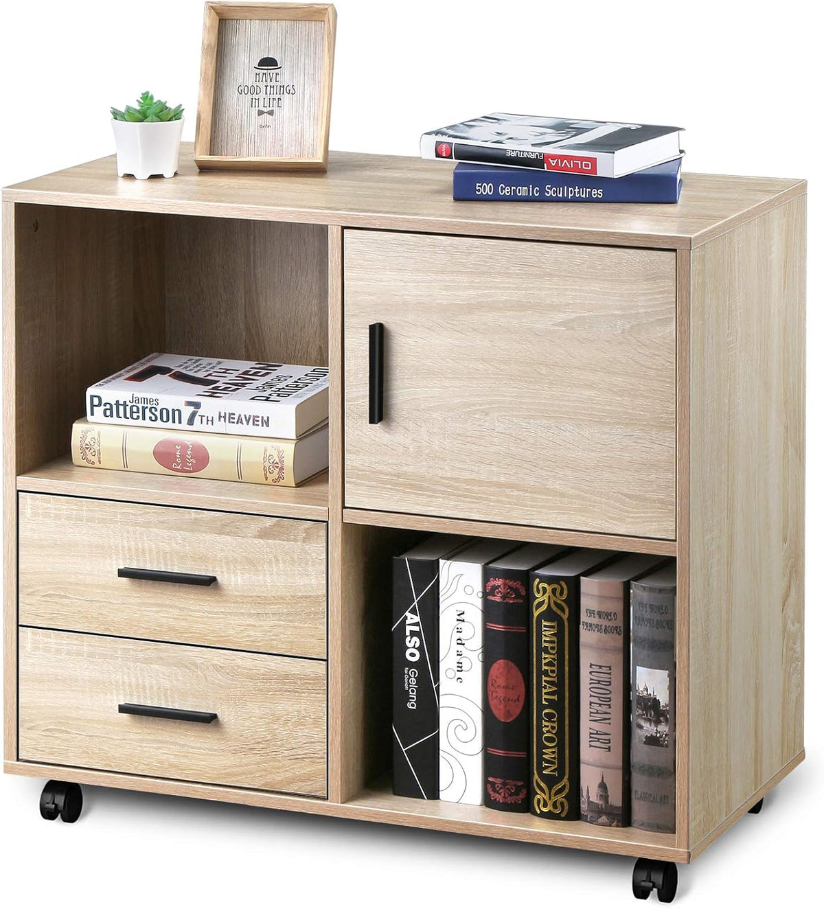 Oak Black 3 Drawer Mobile Wood File Cabinet with Wheels V194058