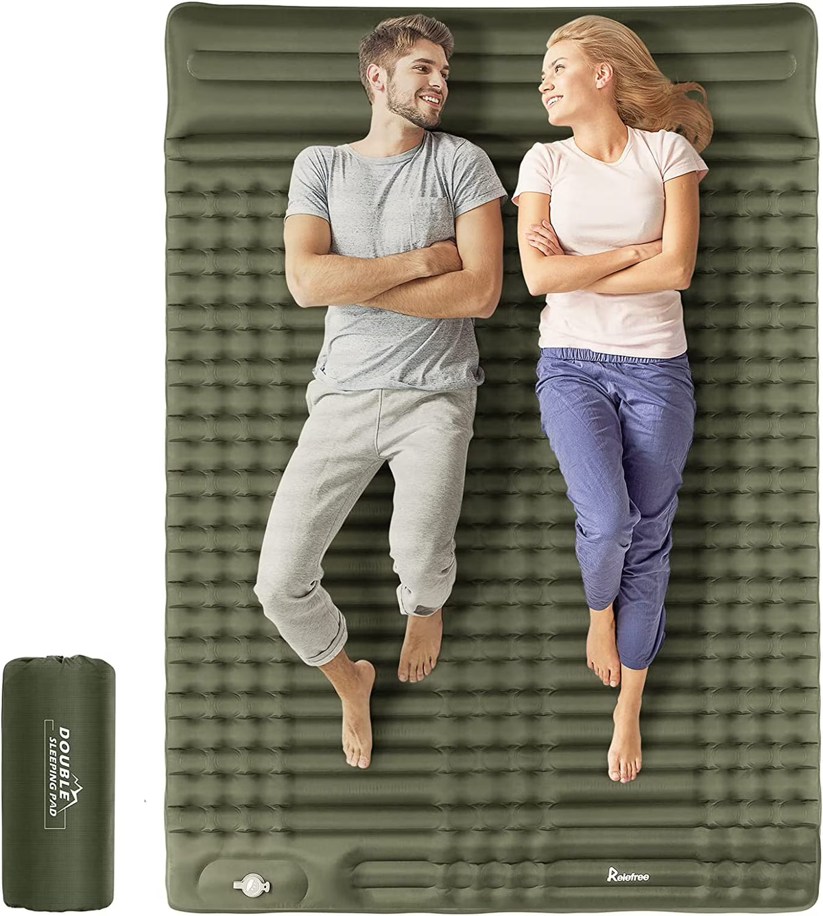 Self Inflating Double Camping Sleeping Pad with Air Pillow, 79 in x 55 in, Army Green Z2854