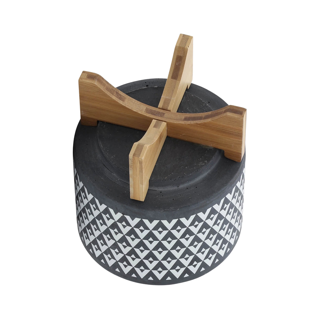 Ceramic Aztec Planter on Wooden Stand, Gray, 8"L X 8"W X 9"H X861543