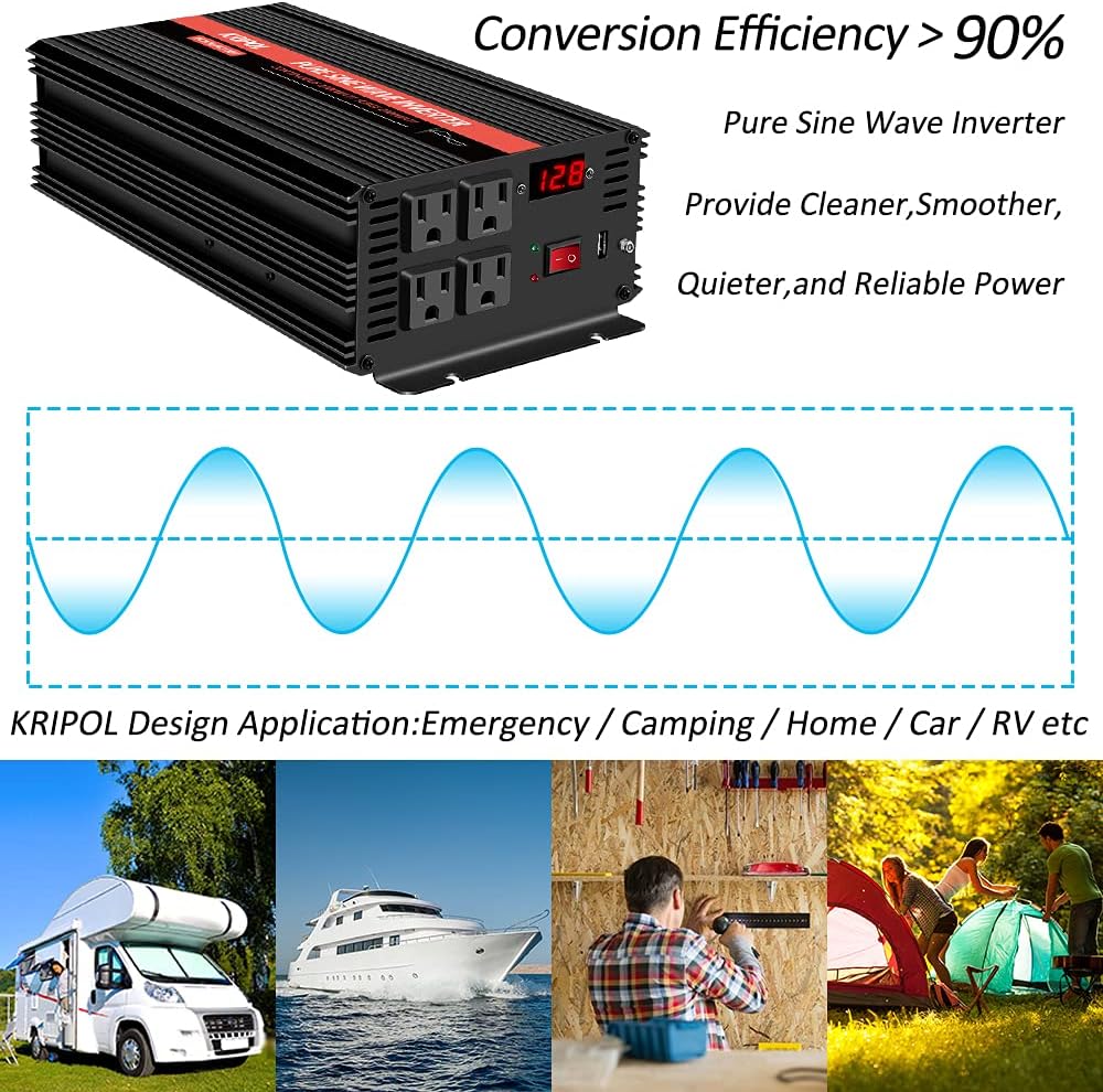 2000 Watt Pure Sine Wave Power Inverter 12V DC to 110V AC with 4 AC Outlets and USB Output R181