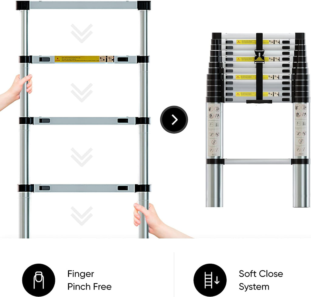 Folding Telescoping Ladder 12.5 FT Aluminum Extendable Ladder with 2 Detachable Hooks I83229
