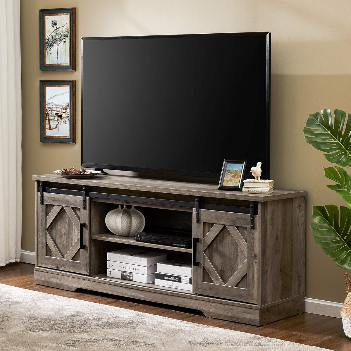 Farmhouse Sliding Barn Door TV Stand, Wood Media Console Table Cabinet 3-Level Adjustable Shelf, Wash Grey H966404