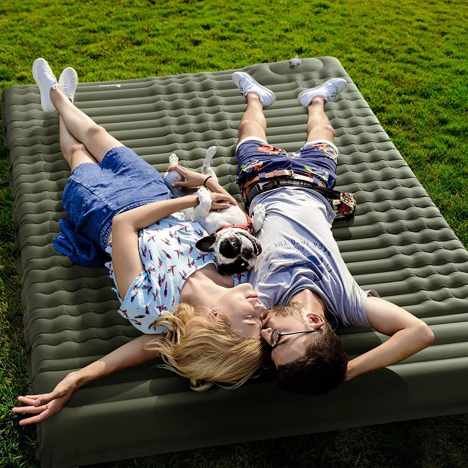 Self Inflating Double Camping Sleeping Pad with Air Pillow, 79 in x 55 in, Army Green Z2854