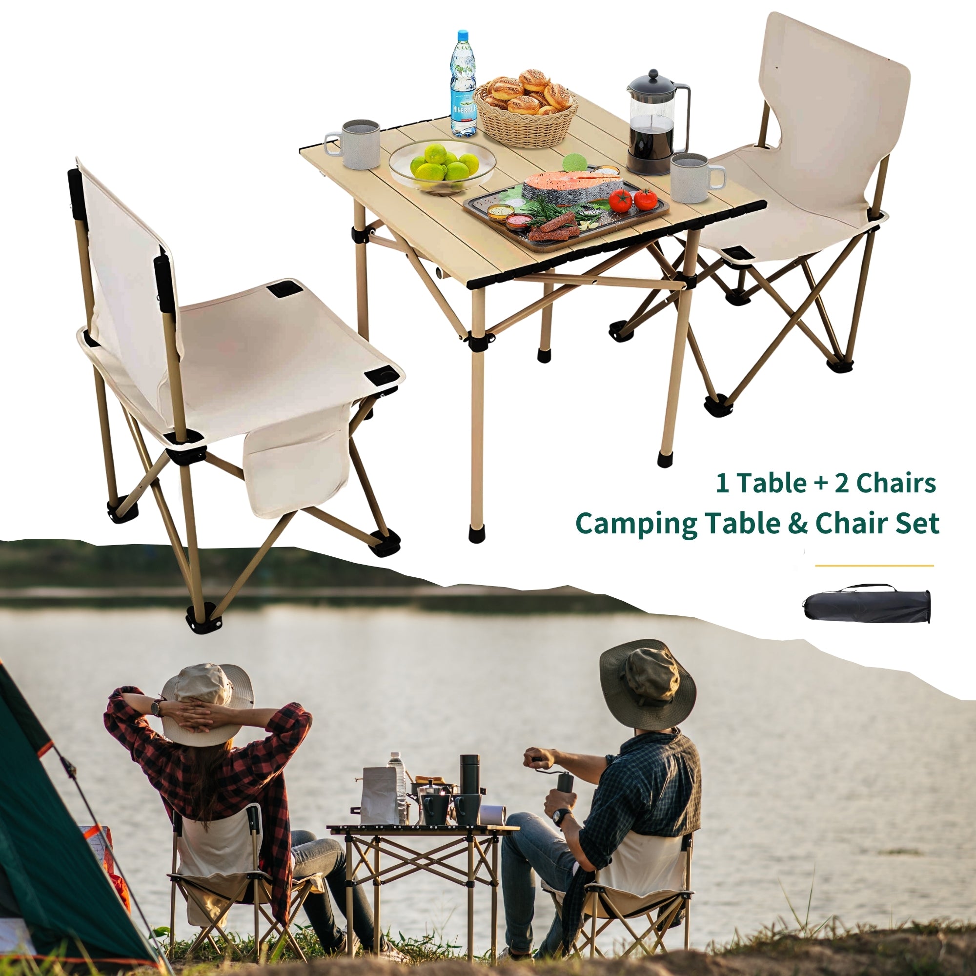 Camping Portable Folding Tables & 2Pcs Chairs Set with Carrying Storage Bag M57117