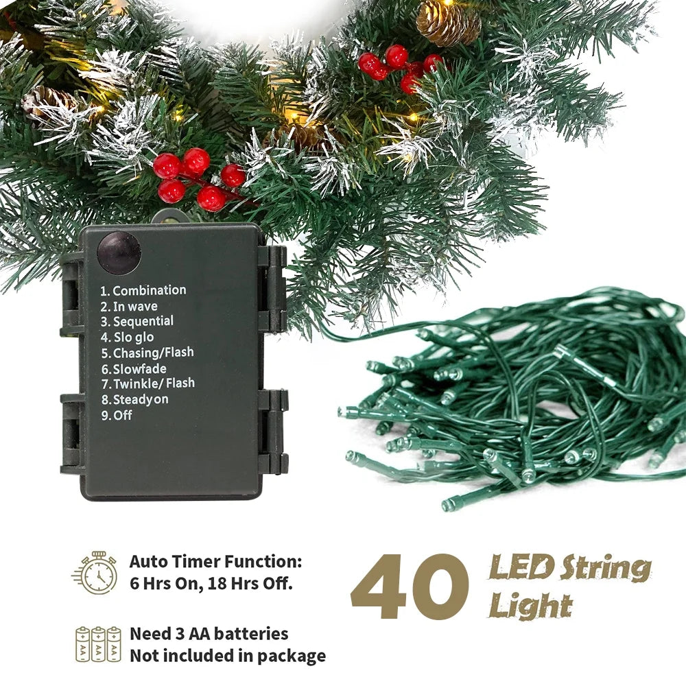 2 Pcs 6ft Pre-Lit Christmas Garland with 40 Waterproof LED Light and Pine Cones and Berries, Battery Operated N615