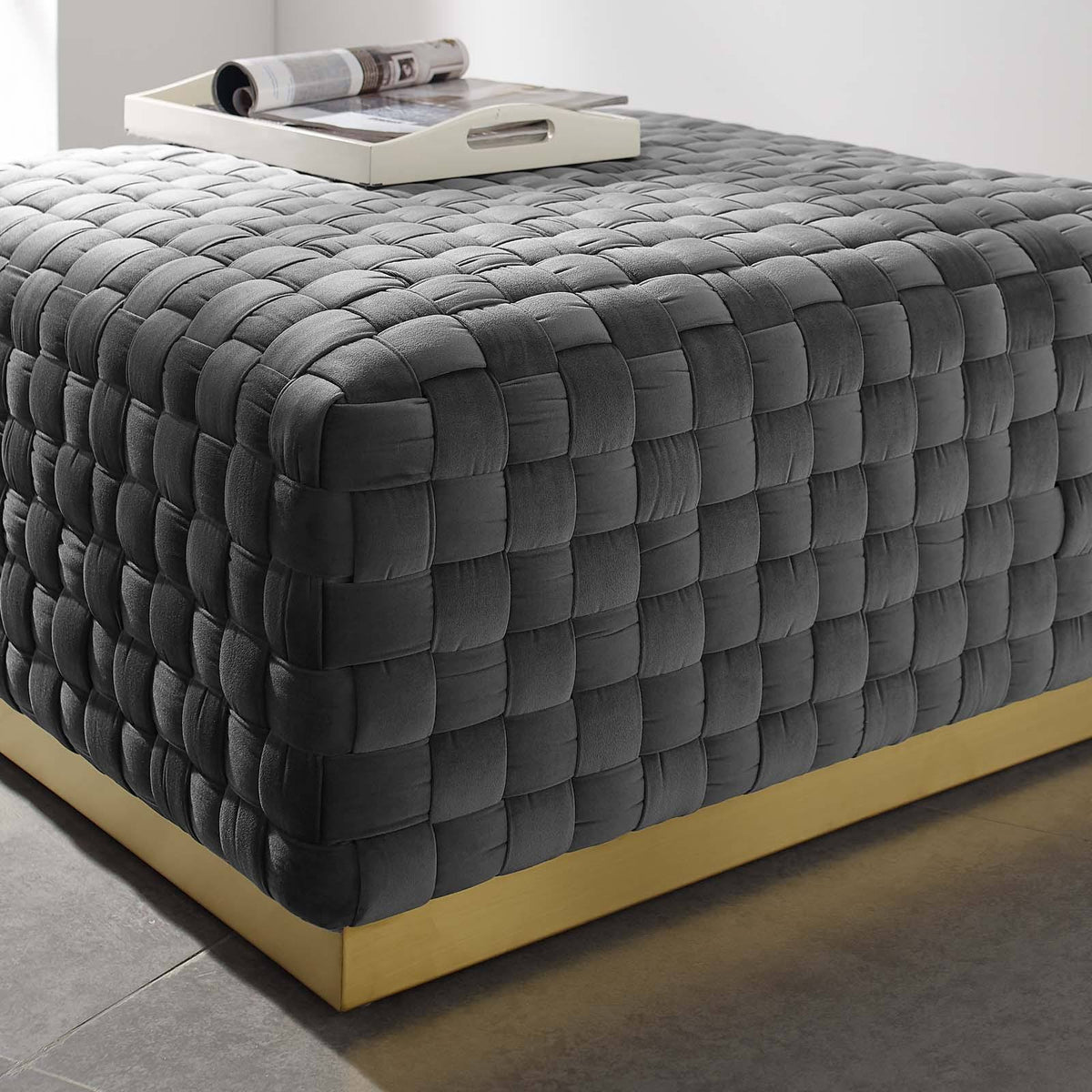 Gray Square Velvet Ottoman Z403