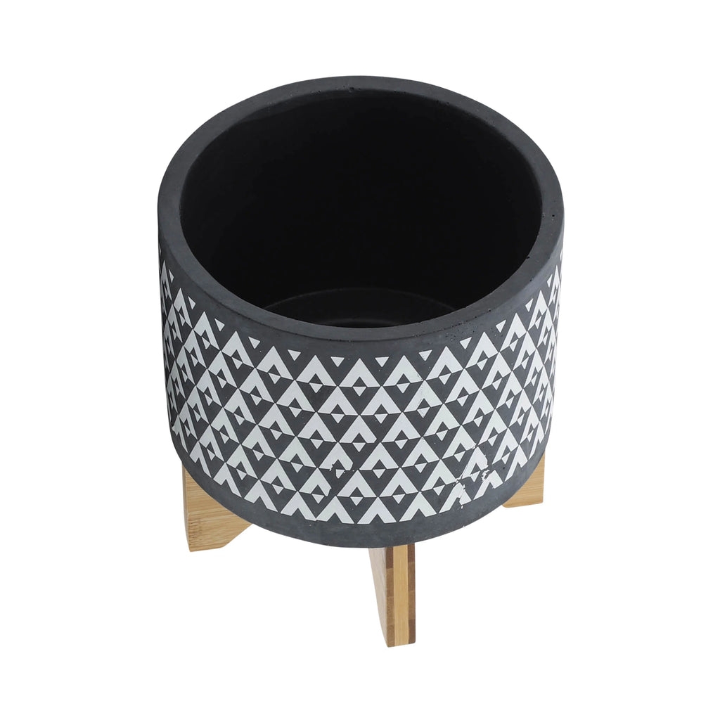 Ceramic Aztec Planter on Wooden Stand, Gray, 8"L X 8"W X 9"H X861543