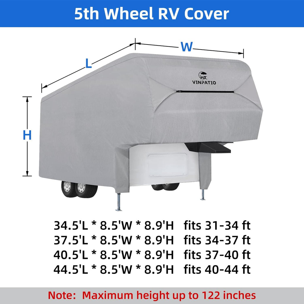 5th Wheel Cover Thick 3 Layers Polypro Anti-UV Waterproof Breathable Camper Covers Fits 37' - 40' Trailer, Gray P7365