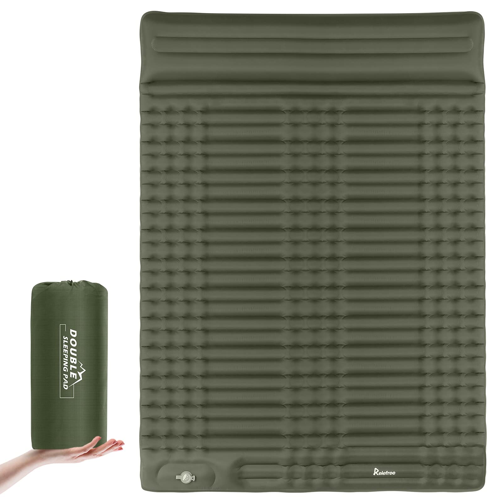 Self Inflating Double Camping Sleeping Pad with Air Pillow, 79 in x 55 in, Army Green Z2854