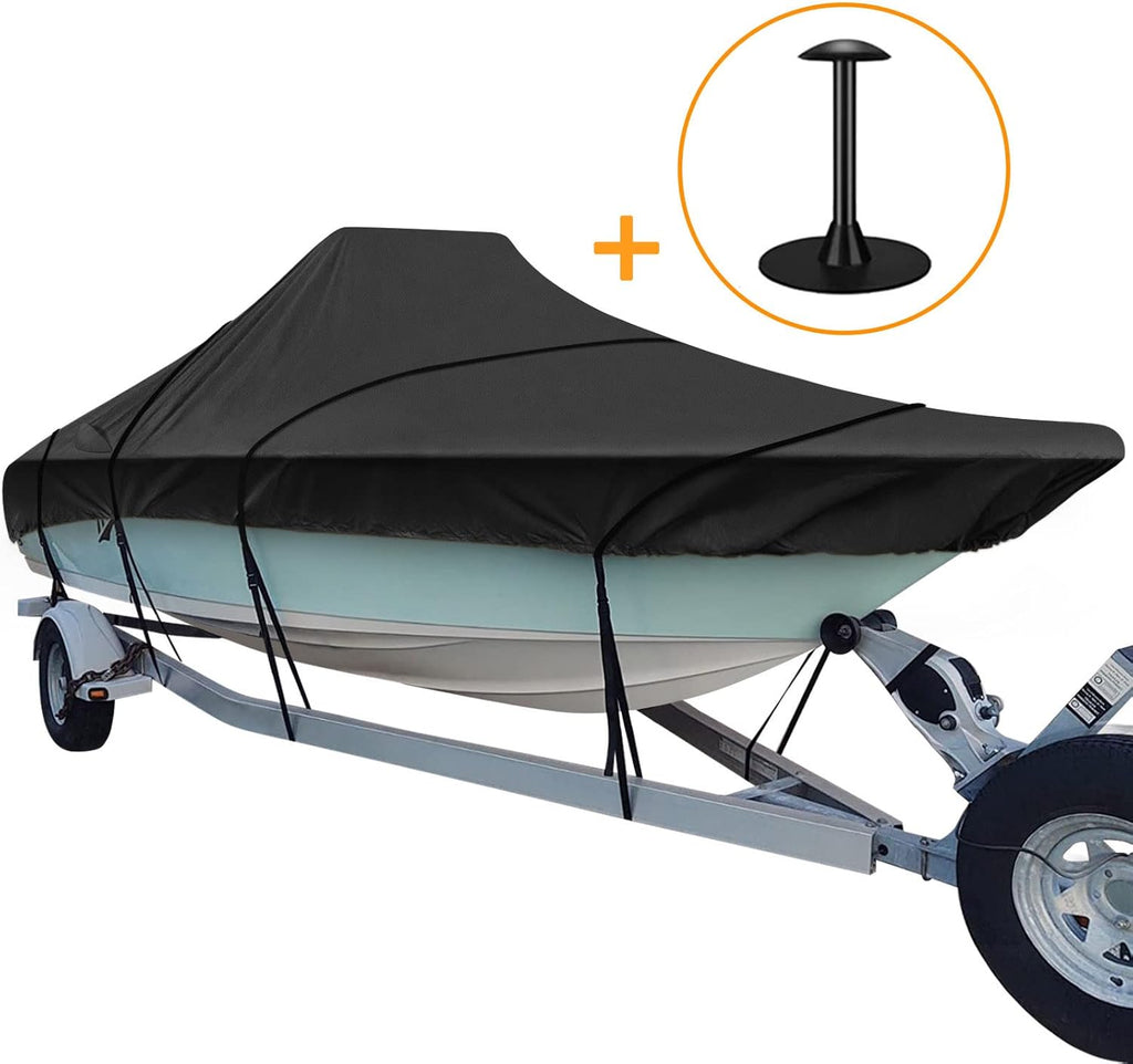 Trailerable Boat Cover, 600D Heavy Duty, Fits V-Hull Center Console Boat 17ft-19ft Long, Beam Width up to 96in, Support Pole Included U558
