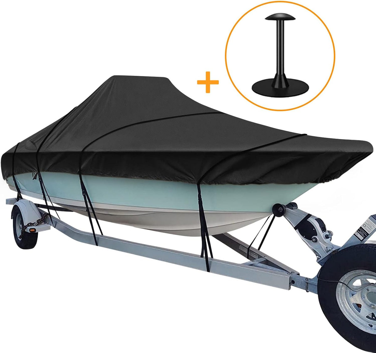 Trailerable Boat Cover, 600D Heavy Duty, Fits V-Hull Center Console Boat 17ft-19ft Long, Beam Width up to 96in, Support Pole Included U558