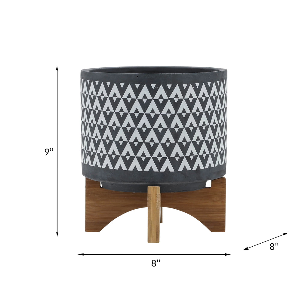 Ceramic Aztec Planter on Wooden Stand, Gray, 8"L X 8"W X 9"H X861543