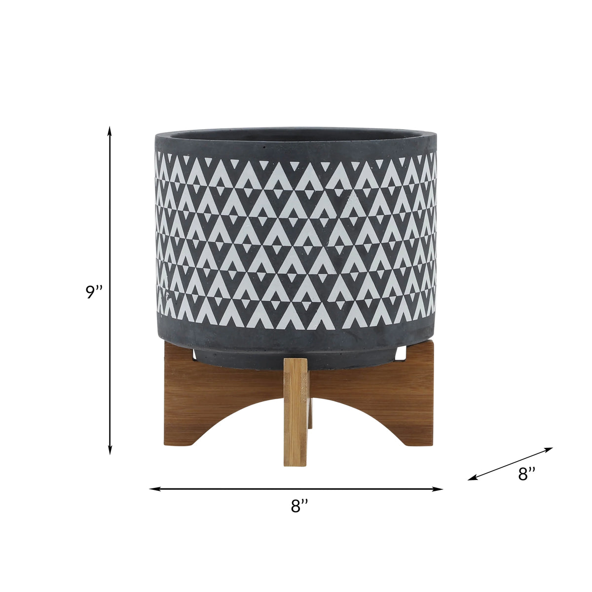 Ceramic Aztec Planter on Wooden Stand, Gray, 8"L X 8"W X 9"H X861543